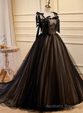 Black Straps Tulle with Lace Long Formal Dress, Black A-line Prom Dress